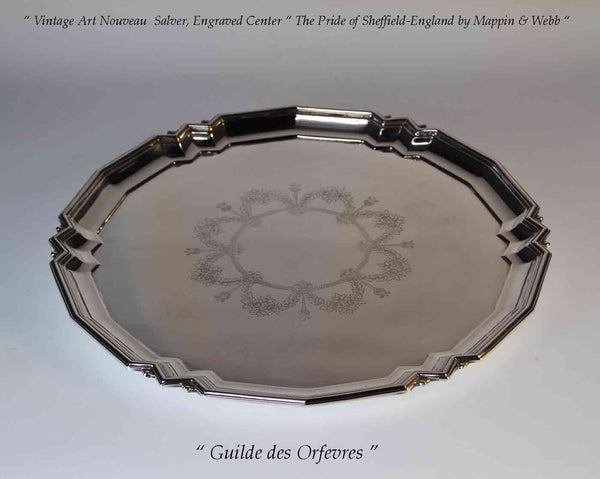 Vintage Silver Salver 14 in. Art-Nouveau Applied Mount.