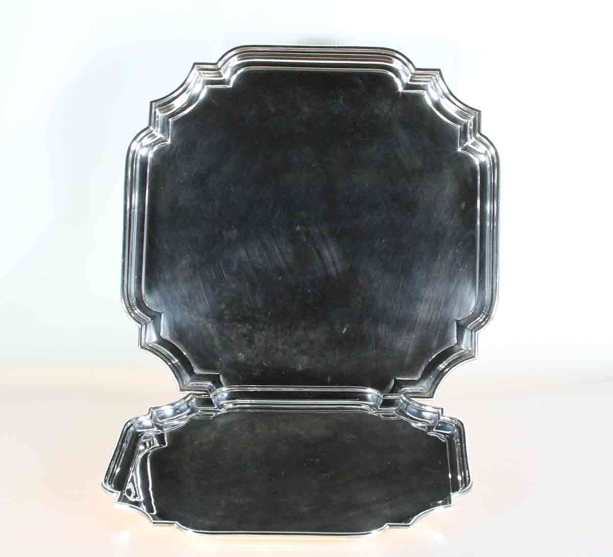 Silver Square Salvers, Chippendale Shaped Corners Silver Square Salvers, Chippendale Shaped Corners