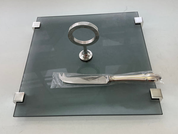 Square Cheese Tray/Board - Plateau à Fromage  with Silver Cheese Knife Set.