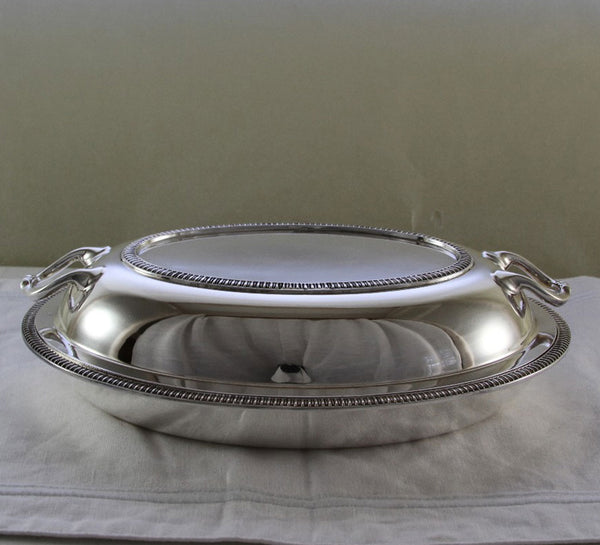 Silver Oval Enree Dish & Cover with Gadroon, Applied Border