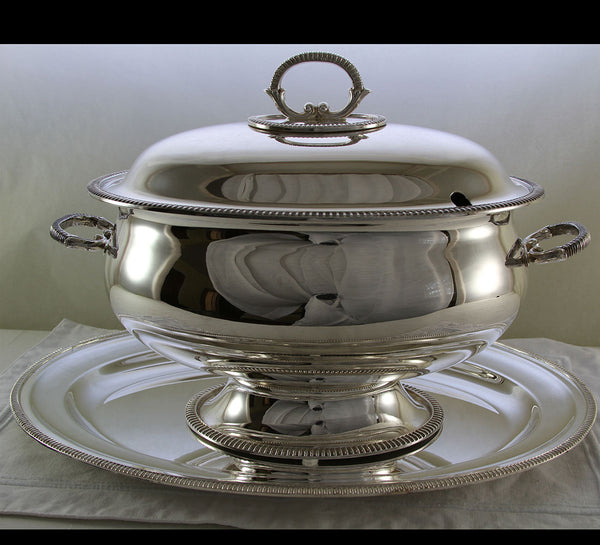 Silver Soup Tureen & Cover, Oval Platter with Gadroon, Applied Border