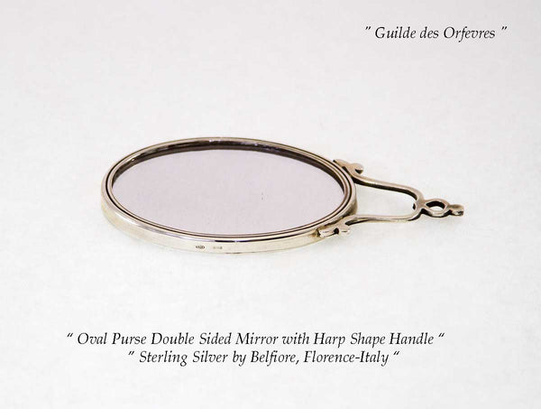 Sterling Silver Oval Purse Double Side Mirror, Harp Shape Handle