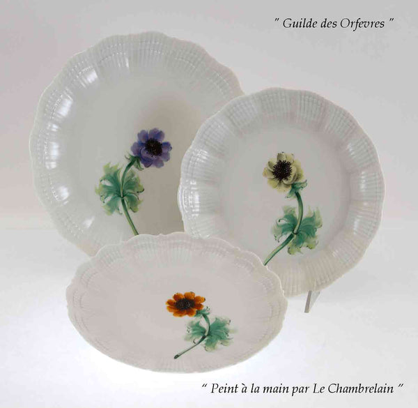 Set of 3 Rocaille Shape, Dinner, Soup & Dessert Plates painted with Anémones
