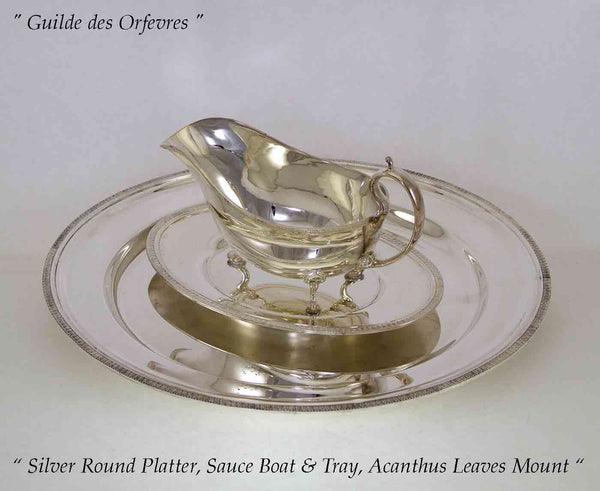 Silver Round Platter, Sauce/Gravy Boat & Saucer with Acanthus Leaves