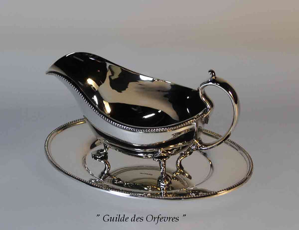 Silver Sauce/Gravy Boat & Tray, Bead Pattern, Applied Border