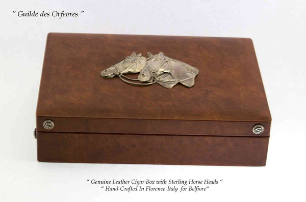 Leather Cigar Box with Sterling Horse Heads