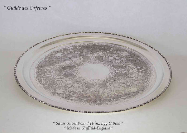 Silver Salver Round 14 in., Egg & Bead Border, Embossed