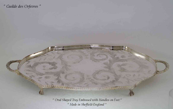 Silver Oval Shaped Gallery Tray with Feet 18", Embossed