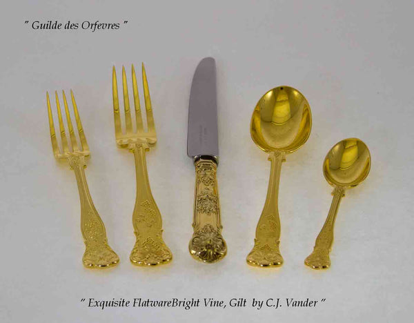 Hand-Forged Sterling Silver 5-pc Place-Setting, Bright Vine, Gilt