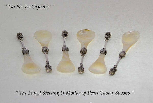 Sterling Silver & Mother of Pearl Set of 6 Caviar Spoons