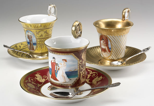 Set of 3 Exquisite Hand-Painted Collectors Cups & Saucers
