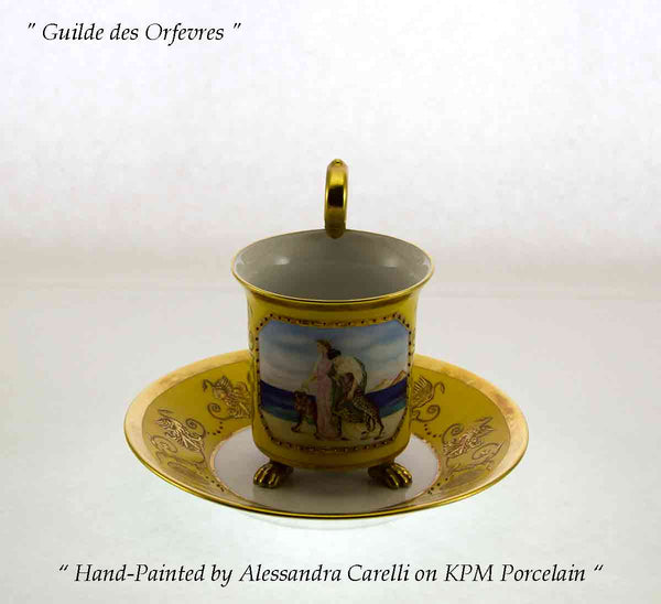 Collectors Cup & Saucers Yellow fond with Painting