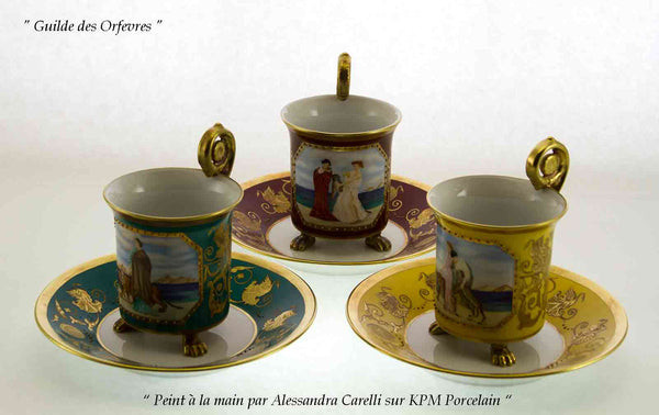 Set of 3 Exquisite Hand-Painted Collectors Cups & Saucers