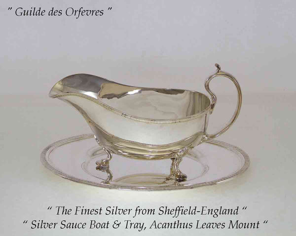 Silver Sauce Boat & Saucer with Acanthus Leaves Applied Border