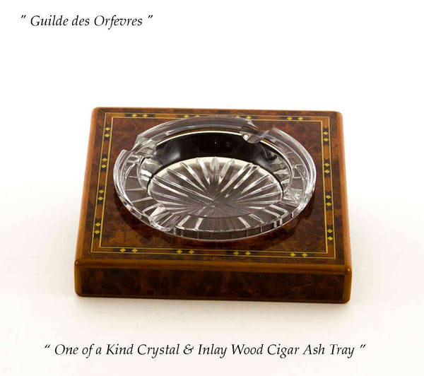 One of a Kind Crystal & Inlay Wood Cigar Ash Tray