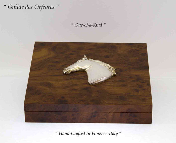 Precious Walnut Wood Desk Box with Sterling Silver Horse-Head