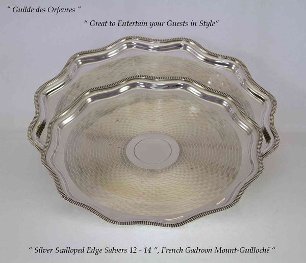 Silver Salvers Scalloped Edge Salvers , Gadroon, Engine Turned/Guilloché 12 &14 in.