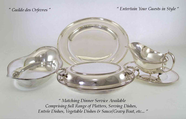 Set of 4 Silver Round Platter, Bread Boat, Entree Dish & Cover, and Gravy Boat