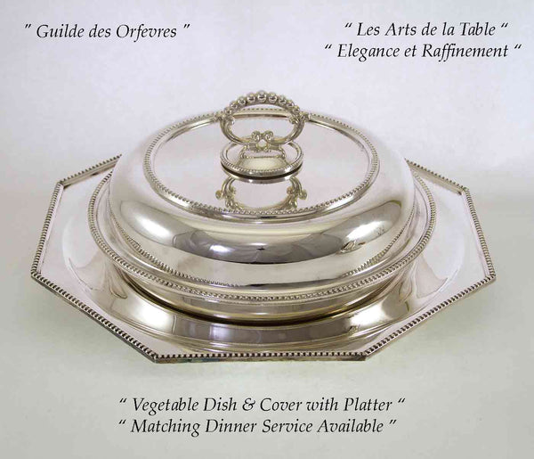 Silver Vegetable Dish & Cover & Platter, Bead Pattern, Applied Border