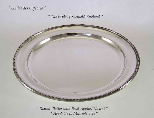 Silver Round Platter 14 in. with Bead Pattern, Applied Border