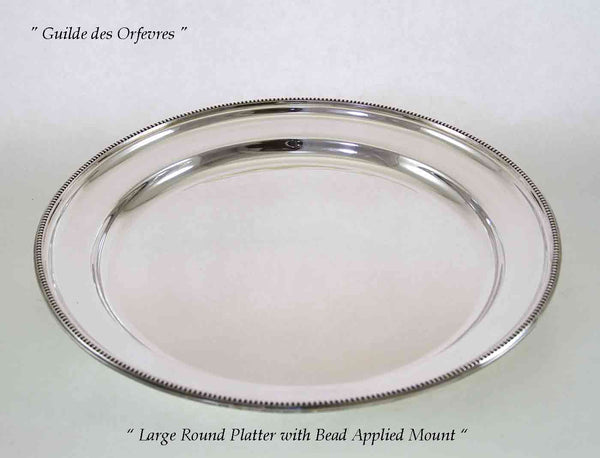 Silver Round Platter 18 in. with Bead Pattern, Applied Border