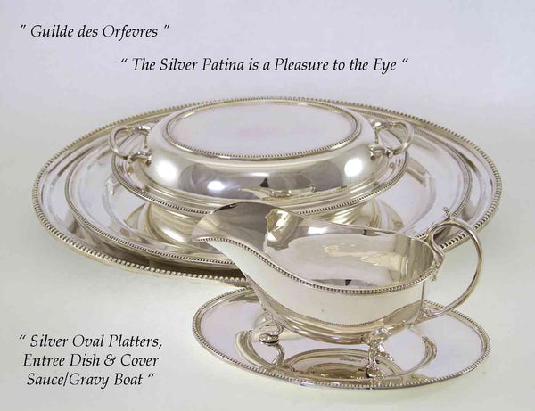 Set of 4 Silver Oval Platters, Entree Dish & Cover, and Gravy Boat