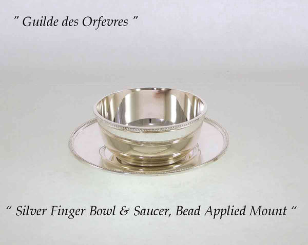 Silver Finger Bowl & Saucer with Bead Pattern, Applied Border