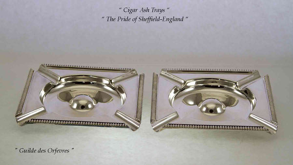 Pair Silver Cigar Ash Trays, Square with Gadroon Mount