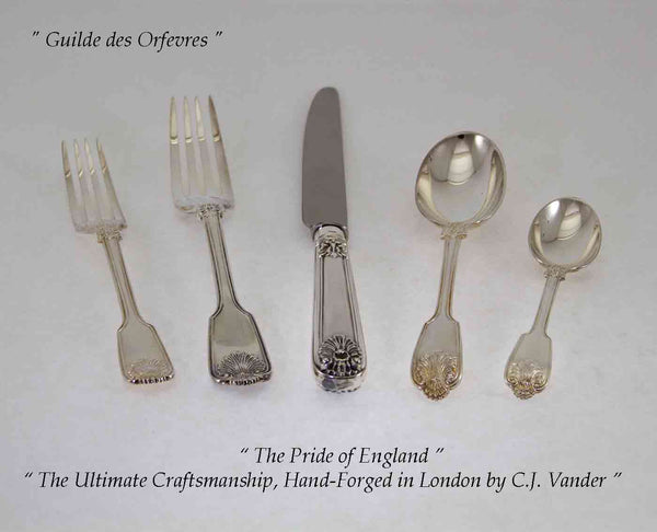 Hand-Forged Sterling Silver 5-pc Place-Setting, Fiddle Thread Husk