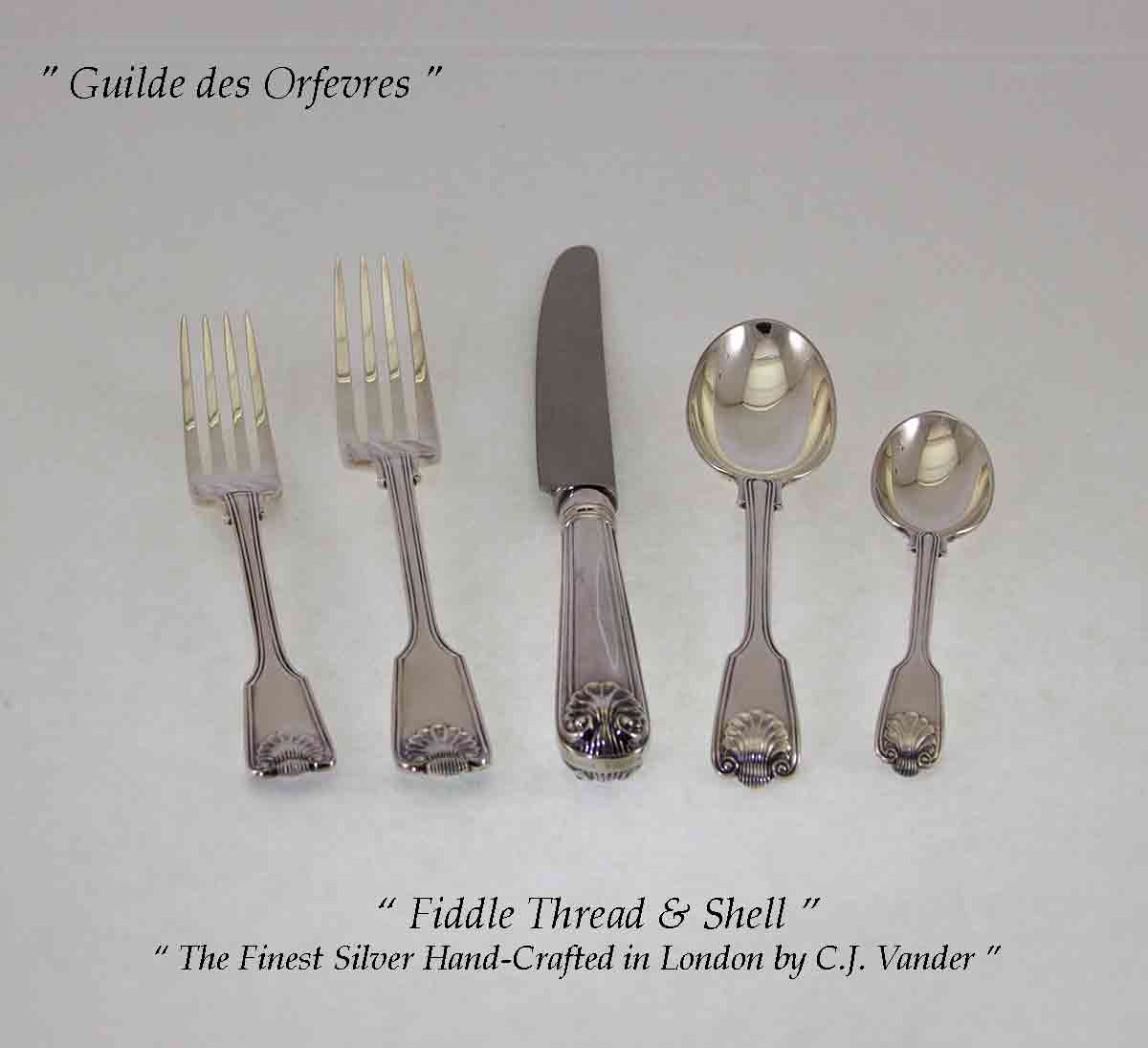 Hand-Forged Sterling Silver 5-pc Place-Setting, Fiddle Thread & Shell