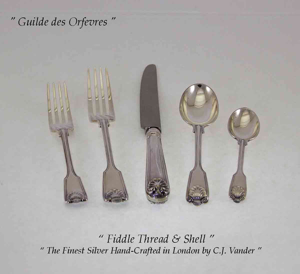 Hand-Forged Sterling Silver 5-pc Place-Setting, Fiddle Thread & Shell