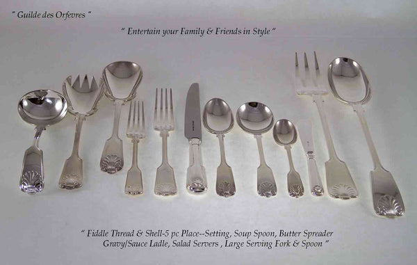 Silver Flatware 89 Pieces Set, Fiddle Thread & Shell