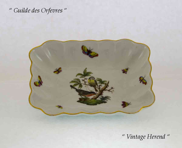 Herend Hand-Painted Oblong Shaped Dish with Birds & Butterflies Decoration