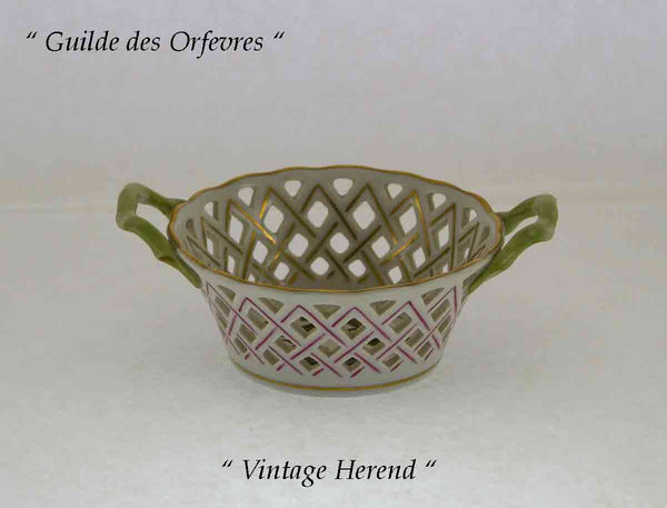 Herend Hand-Painted Pierced Bowl with Handles, Birds Decoration