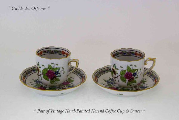 Herend  Pair  Demi-Tasse Cup & Saucer Hand-Painted with Fleurs des Indes Decoration