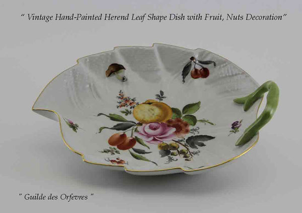 Herend Wonderful Hand-Painted Large Leaf Shaped Dish with Fruit Decoration.
