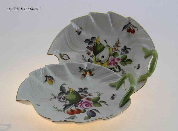Wonderful Pair of Hand-Painted Large Leaf Shaped Dish with Fruit Decoration
