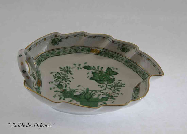 Exquisite Hand-Painted Leaf Shaped Dish with Fleurs des Indes Green Decoration