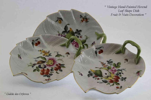 Wonderful Set of 3 Hand-Painted Large Leaf Shaped Dish with Fruit Decoration