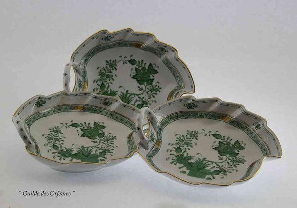 Set of 3 Exquisite Hand-Painted Leaf Shaped Dish with Fleurs des Indes Green Decoration