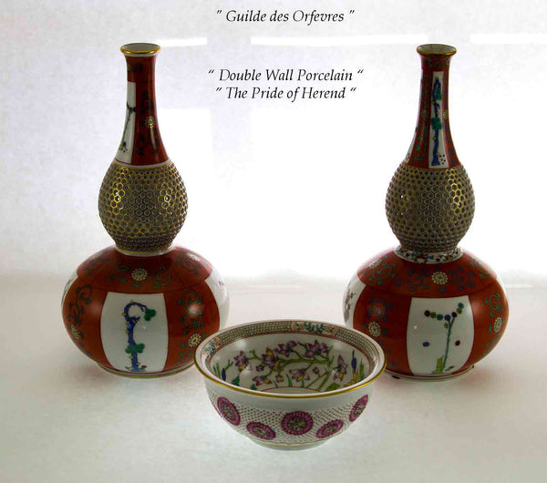 Exquisite Pierced Double Wall Hand-Painted Collectors Bowl & Vases