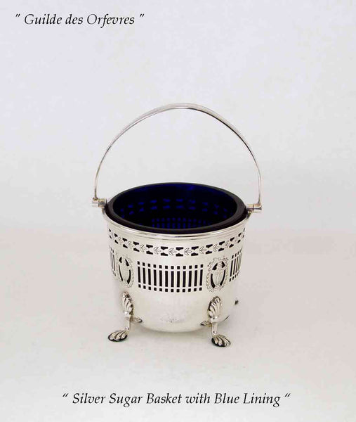 Silver Sugar Basket Pierced w/Blue Lining