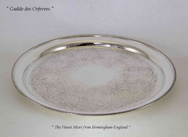 Silver Salver Round, Beaded Border, Embossed