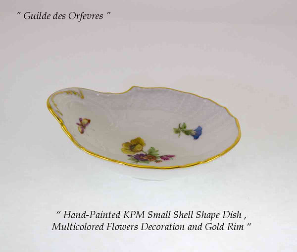 KPM Shell Shape Dish , Multicolored Flowers Decoration and Gold Rim