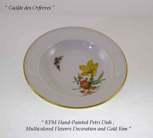 KPM Petri Dish , Multicolored Flowers Decoration and Gold Rim