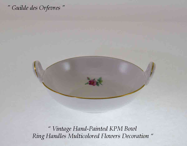 KPM Bowl with Ring Handles, Multicolored Flowers Decoration and Gold Rim