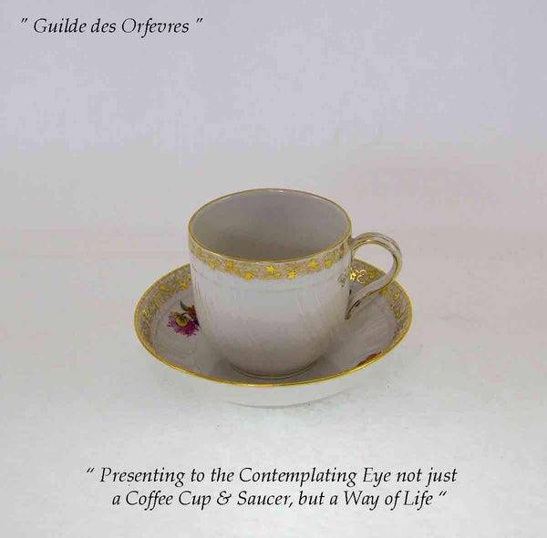 KPM Hand-Painted Coffee Cup & Saucer, Gold and Antique Flowers