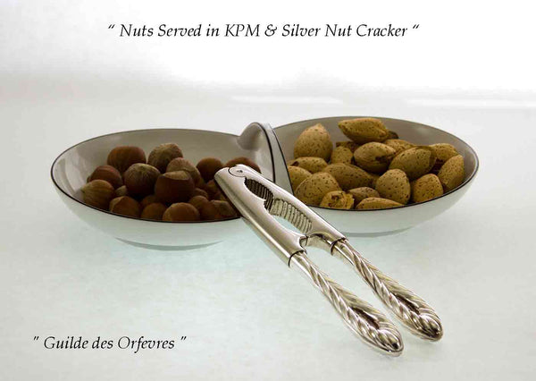 KPM Double Dish with Handle, Black Rim & Sterling Silver Nutcracker