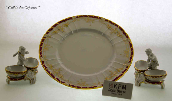 KPM Large Dinner Plate & Pair Salt Cellars with Putties Hand-painted
