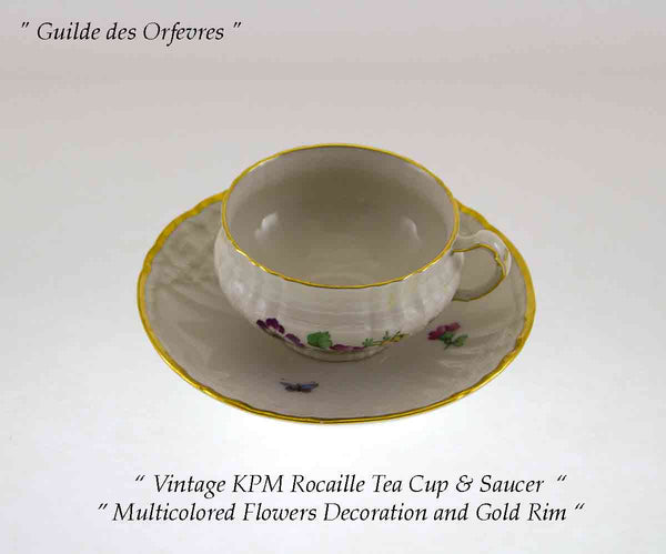 KPM Tea Cup & Saucer, Gold Decoration and Multi Color Meadow Flowers